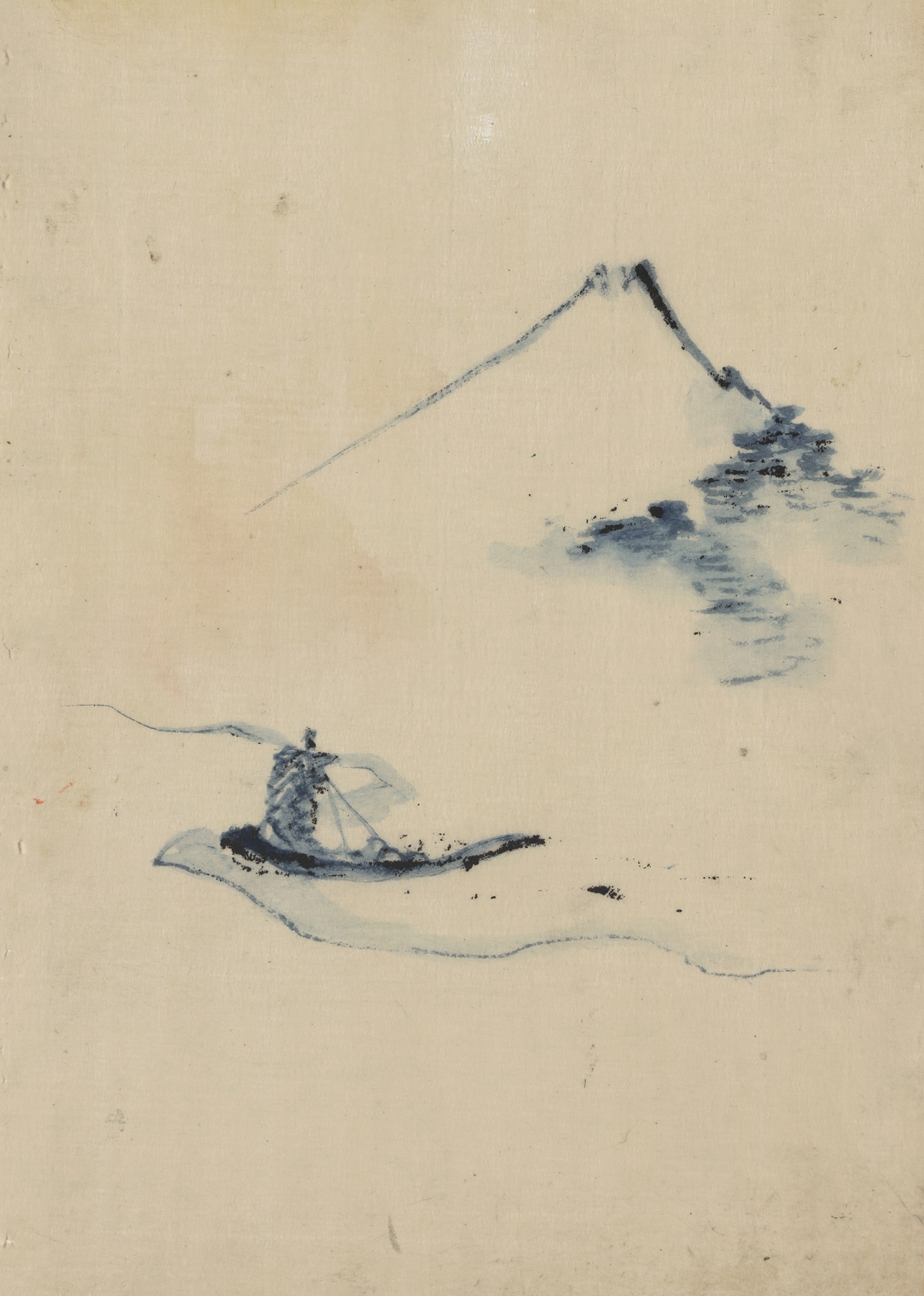 A person in a small boat on a river with Mount Fuji in the background by Katsushika Hokusai