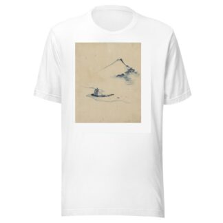 A person in a small boat on a river with Mount Fuji in the background by Katsushika Hokusai T-Shirt