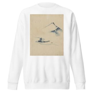 A person in a small boat on a river with Mount Fuji in the background by Katsushika Hokusai Sweatshirt