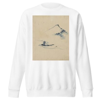 A person in a small boat on a river with Mount Fuji in the background by Katsushika Hokusai Sweatshirt