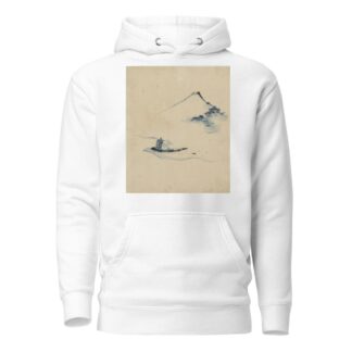 A person in a small boat on a river with Mount Fuji in the background by Katsushika Hokusai Hoodie