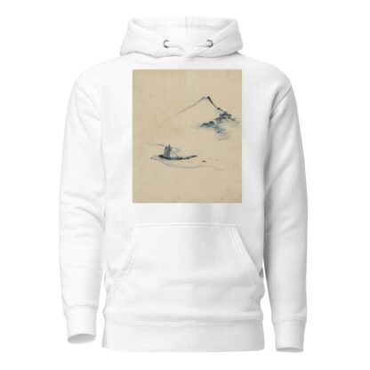 A person in a small boat on a river with Mount Fuji in the background by Katsushika Hokusai Hoodie