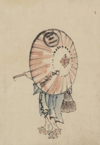 A person walking to the left, mostly obscured by an open parasol carried over the shoulder by Katsushika Hokusai