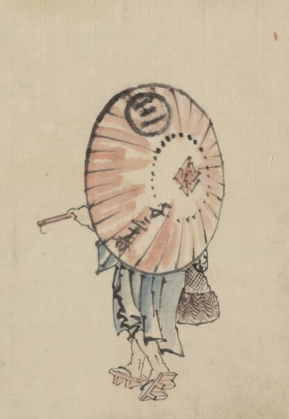 A person walking to the left, mostly obscured by an open parasol carried over the shoulder by Katsushika Hokusai