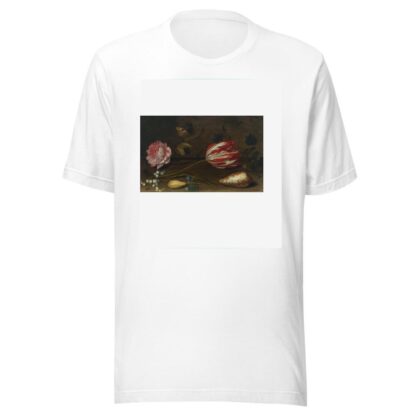 A rose, a tulip, insects, and a shell on a ledge by Balthasar van der Ast T-Shirt