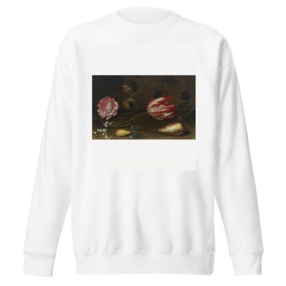 A rose, a tulip, insects, and a shell on a ledge by Balthasar van der Ast Sweatshirt