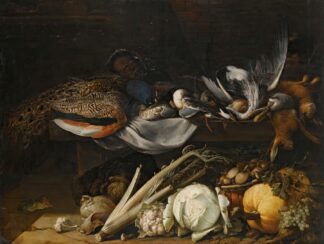 A Still Life Of Song Birds, A Peacock And Rabbits On A Ledge With A Pumpkin, A Cabbage, A Cauliflower, Celery, Mushrooms And Grapes by Flemish School