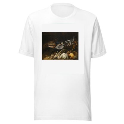 A Still Life Of Song Birds, A Peacock And Rabbits On A Ledge With A Pumpkin, A Cabbage, A Cauliflower, Celery, Mushrooms And Grapes by Flemish School T-Shirt
