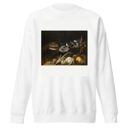 A Still Life Of Song Birds, A Peacock And Rabbits On A Ledge With A Pumpkin, A Cabbage, A Cauliflower, Celery, Mushrooms And Grapes by Flemish School Sweatshirt