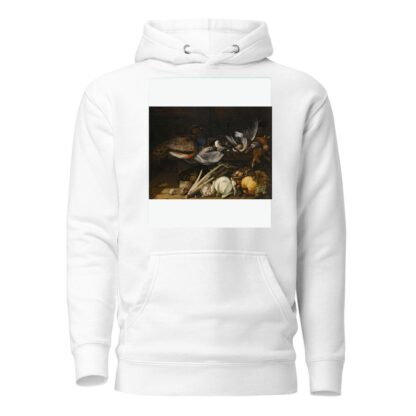 A Still Life Of Song Birds, A Peacock And Rabbits On A Ledge With A Pumpkin, A Cabbage, A Cauliflower, Celery, Mushrooms And Grapes by Flemish School Hoodie