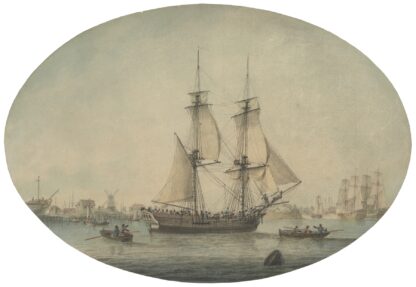 A Trading Brig Preparing to Set Sail on the Thames, Warships Running Down the Estuary Beyond by Samuel Atkins