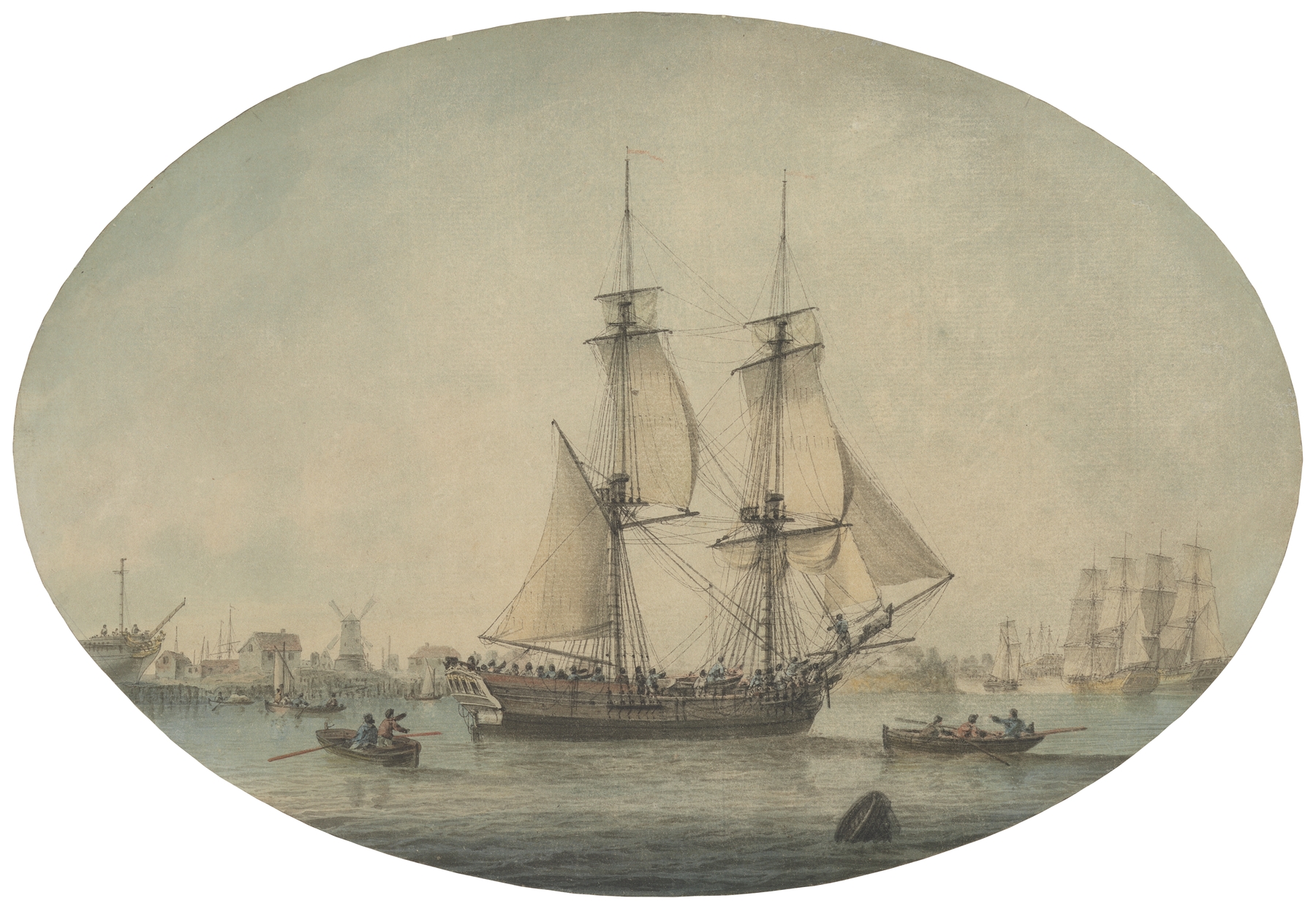 A Trading Brig Preparing to Set Sail on the Thames, Warships Running Down the Estuary Beyond by Samuel Atkins