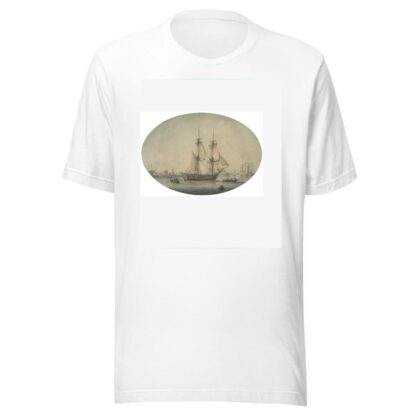 A Trading Brig Preparing to Set Sail on the Thames, Warships Running Down the Estuary Beyond by Samuel Atkins T-Shirt