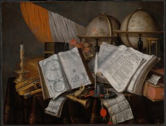 A Vanitas Still Life with a Flag, Candlestick, Musical Instruments, Books, Writing Paraphernalia, Globes and Hourglass by Edwaert Collier