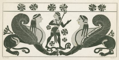 A youthful Hermes stands on a plant between two crouching sphinxes by Alexis Louis Pierre Housselin