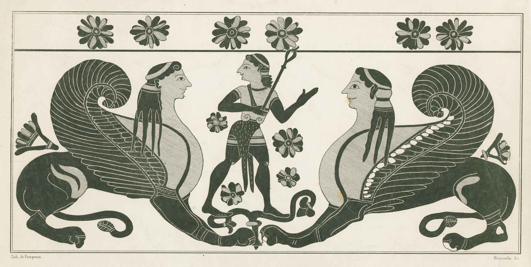 A youthful Hermes stands on a plant between two crouching sphinxes by Alexis Louis Pierre Housselin