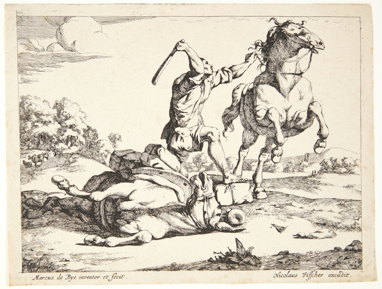 Æseldriver, der slår en hest Fablen om æslet og hesten by Marcus de Bye