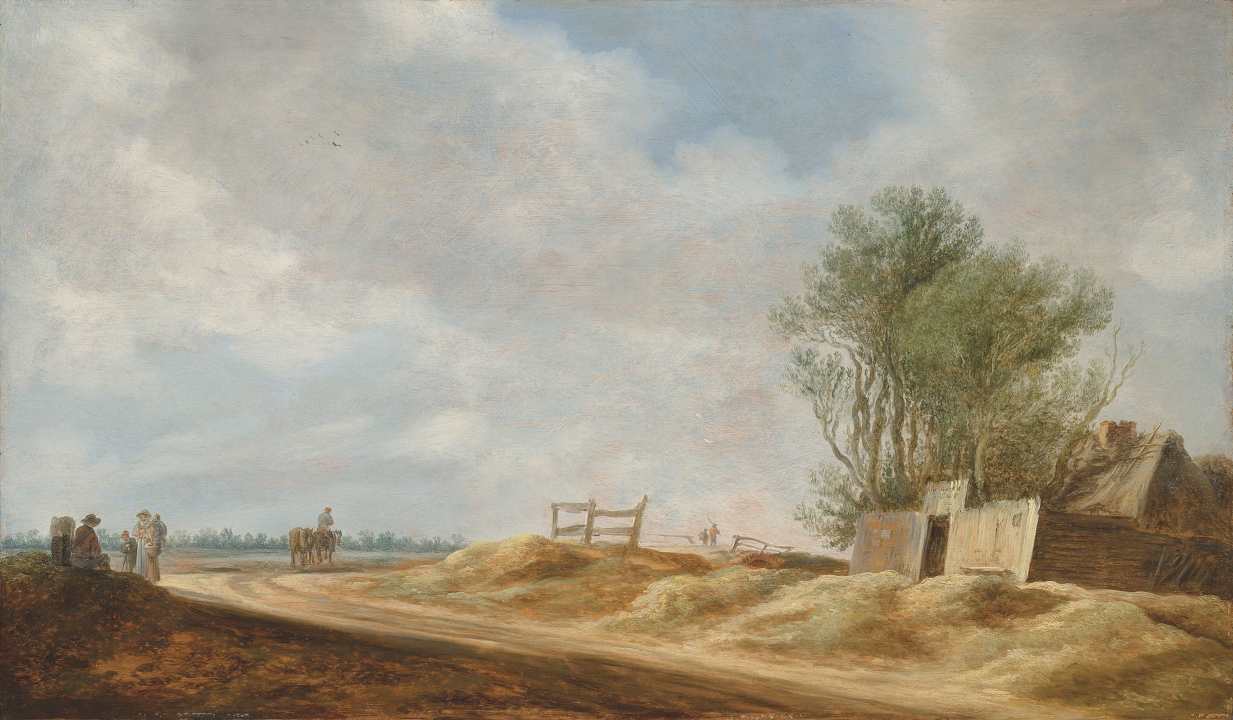 An extensive landscape with a cottage and travellers on an open road by Jan van Goyen