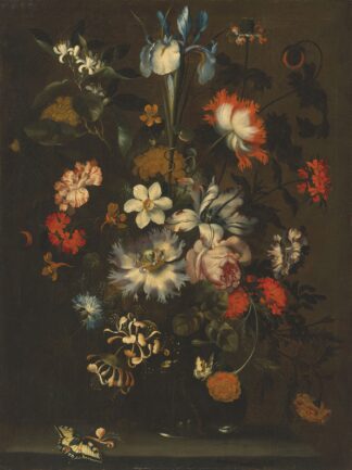An iris, carnations, roses and other flowers in a glass vase on a ledge with butterflies by Jan Pieter Brueghel