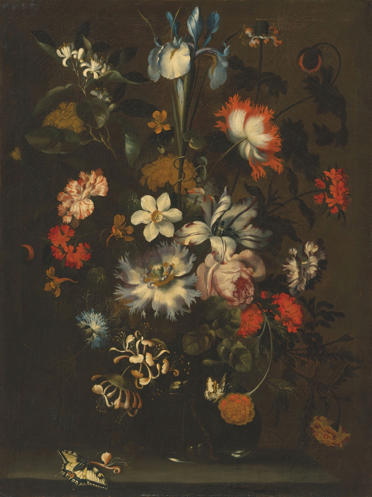 An iris, carnations, roses and other flowers in a glass vase on a ledge with butterflies by Jan Pieter Brueghel