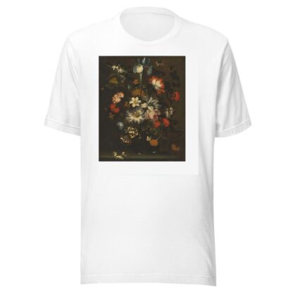 An iris, carnations, roses and other flowers in a glass vase on a ledge with butterflies by Jan Pieter Brueghel T-Shirt