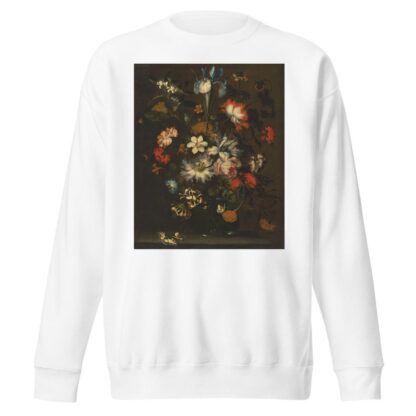 An iris, carnations, roses and other flowers in a glass vase on a ledge with butterflies by Jan Pieter Brueghel Sweatshirt
