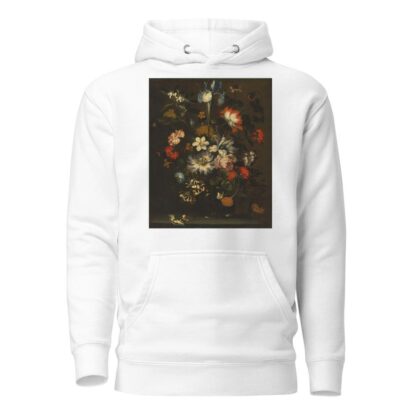 An iris, carnations, roses and other flowers in a glass vase on a ledge with butterflies by Jan Pieter Brueghel Hoodie