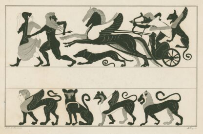Apollo in chariot drawn by two winged horses ; Sphinx, panther, griffin and lion by A. Rey