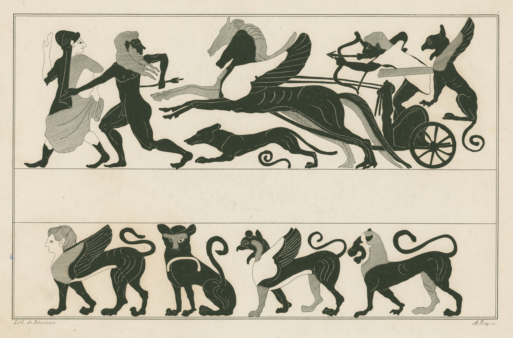 Apollo in chariot drawn by two winged horses ; Sphinx, panther, griffin and lion by A. Rey