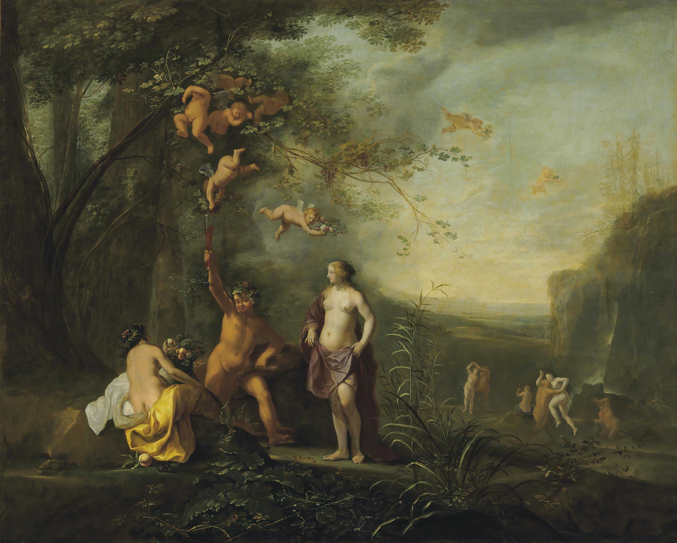 Bacchus, Venus and Ceres under a grapevine in a pastoral landscape with putti, nymphs and satyrs by Cornelis Van Poelenburch