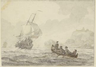 Bewegte See, links segelt ein großes Schiff, rechts ein Ruderboot mit vier Mann by Wigerus Vitringa