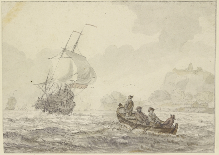 Bewegte See, links segelt ein großes Schiff, rechts ein Ruderboot mit vier Mann by Wigerus Vitringa