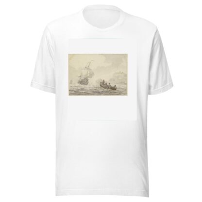 Bewegte See, links segelt ein großes Schiff, rechts ein Ruderboot mit vier Mann by Wigerus Vitringa T-Shirt