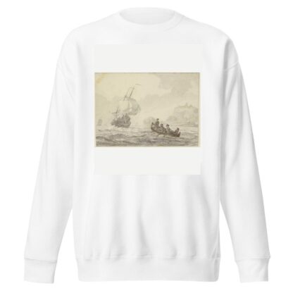 Bewegte See, links segelt ein großes Schiff, rechts ein Ruderboot mit vier Mann by Wigerus Vitringa Sweatshirt