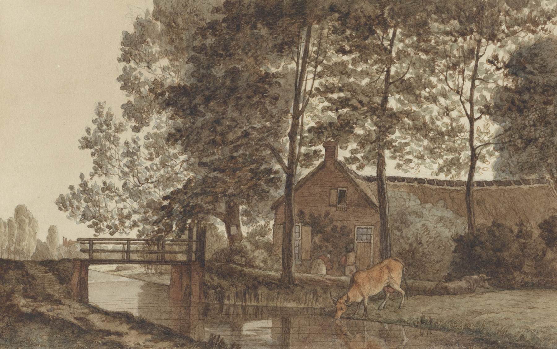 Boerderij met drinkende koe aan de Biltstraat te Utrecht by Hendrik Abraham Klinkhamer