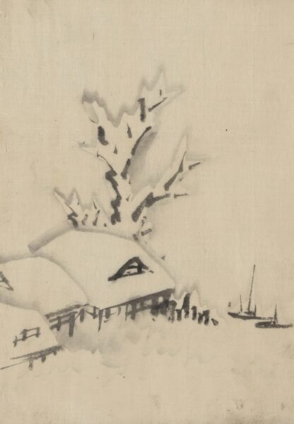 Buildings and large tree on the waterfront, with two boats anchored offshore by Katsushika Hokusai