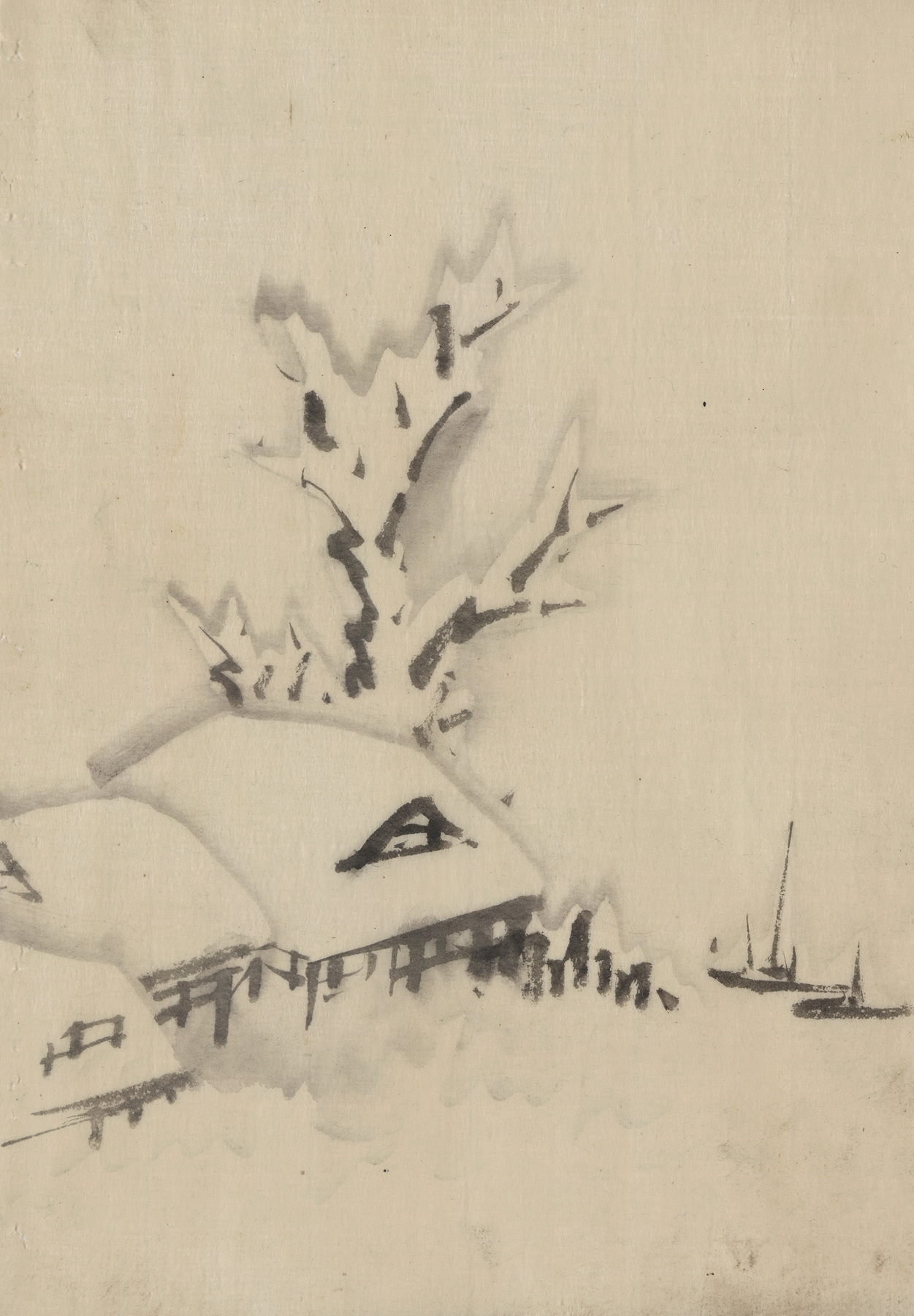 Buildings and large tree on the waterfront, with two boats anchored offshore by Katsushika Hokusai