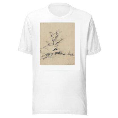 Buildings and large tree on the waterfront, with two boats anchored offshore by Katsushika Hokusai T-Shirt
