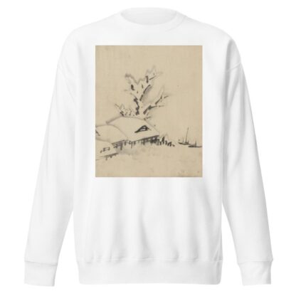 Buildings and large tree on the waterfront, with two boats anchored offshore by Katsushika Hokusai Sweatshirt