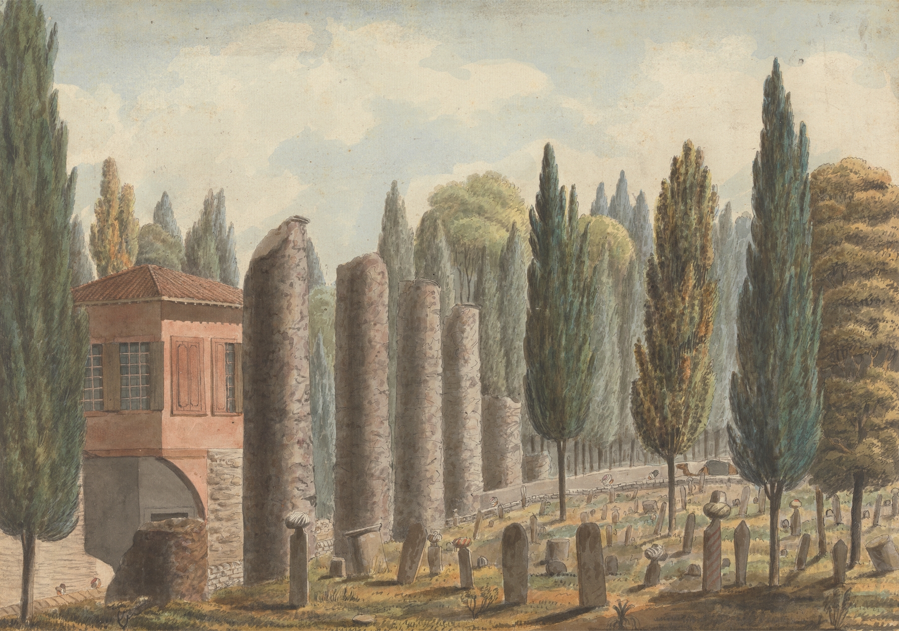 Burial Ground Surrounded by Ruined Columns and Pinetrees….Turkey by Willey Reveley