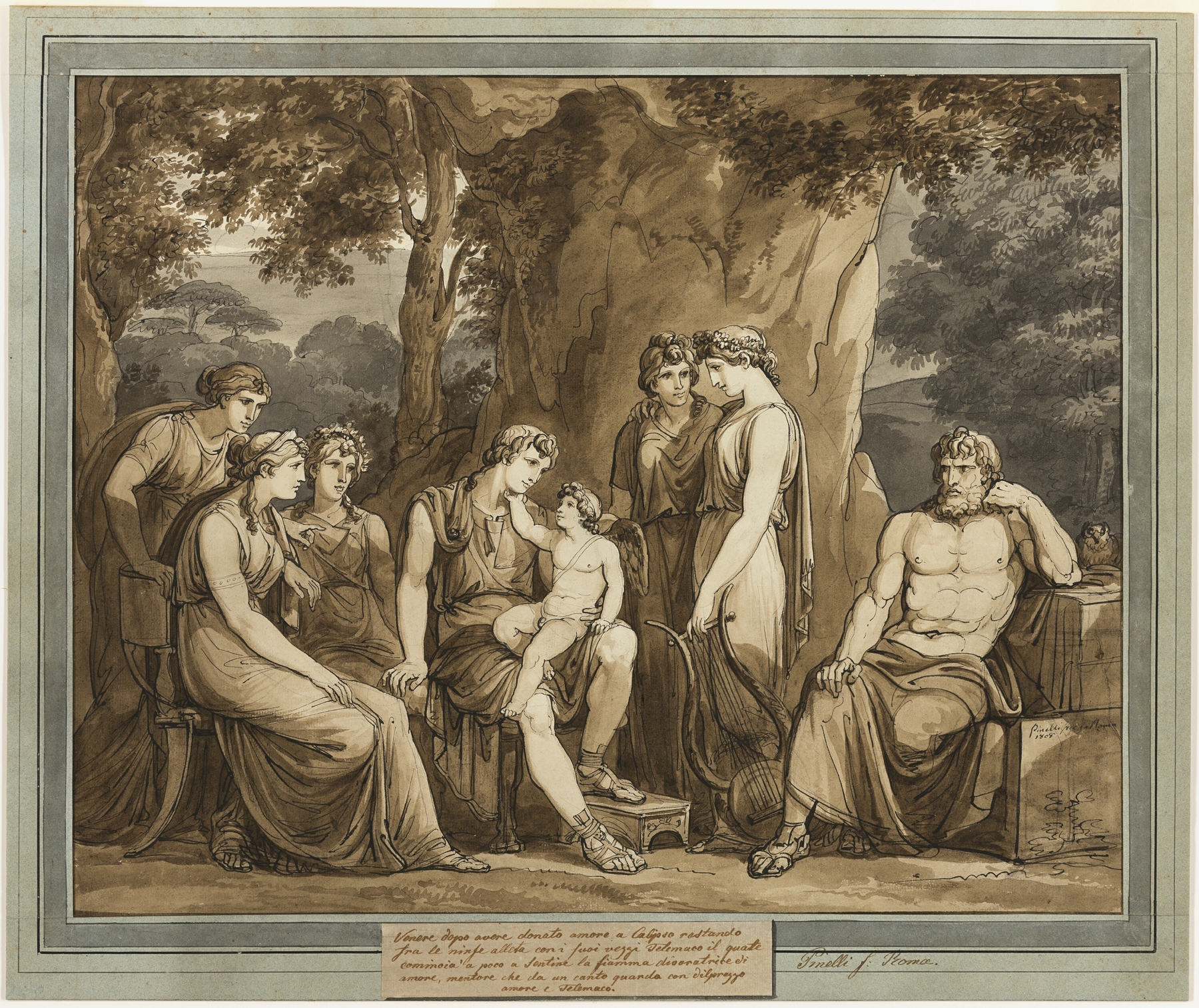 Calypso Watches Telemachus with Cupid on His Knee, While Mentor Watches in Anger, from The Adventures of Telemachus, Book 7 by Bartolomeo Pinelli