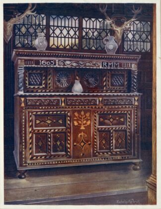 Carved and inlaid oak court cupboard. by Edwin Foley