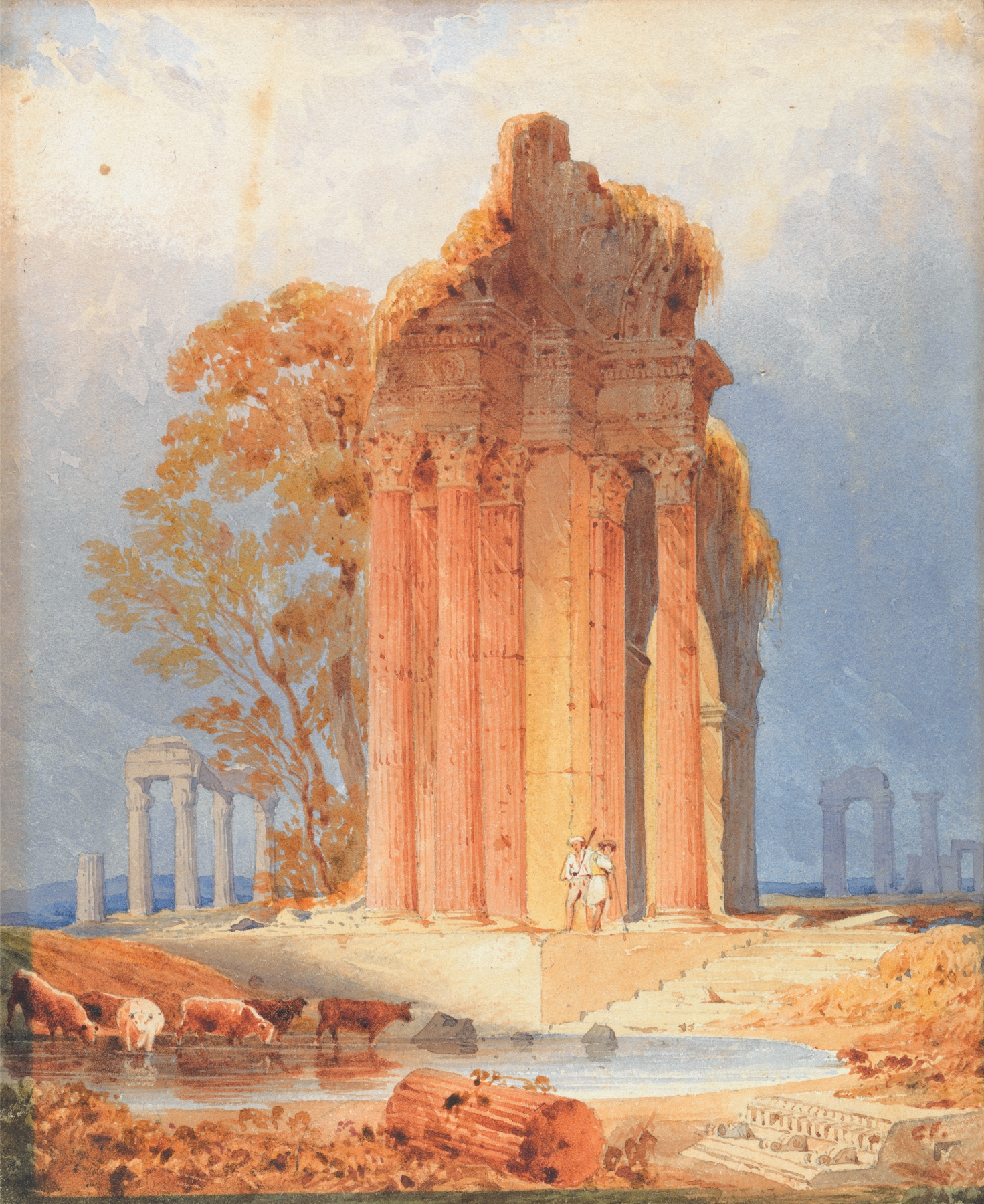 Cattle Watering by Corinthian Columns by Copley Fielding