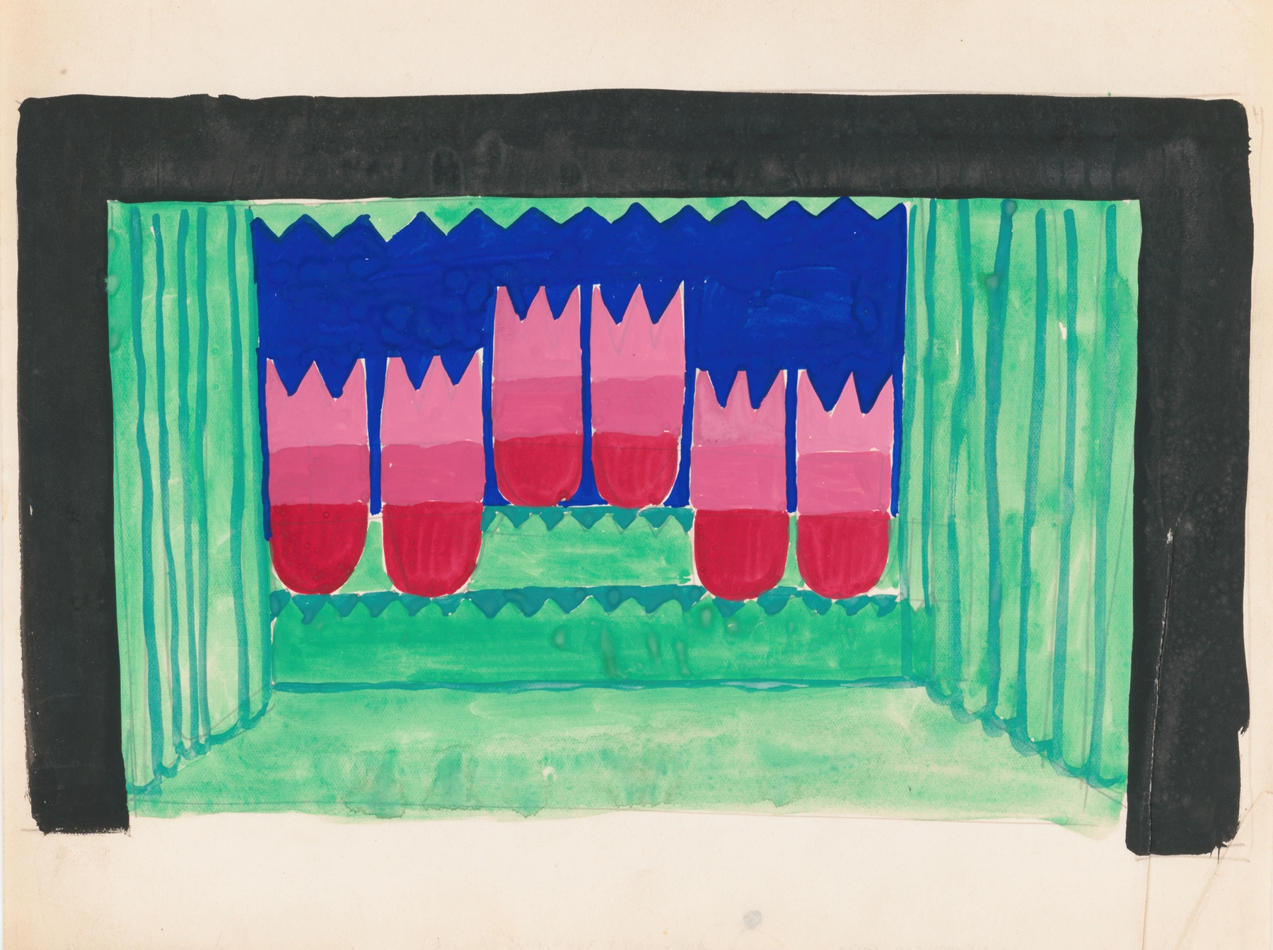 Designs for theater with black-framed proscenium and boldly colored settings.] [Study for stage light wall decoration, possibly for Caf ̌Crillon by Winold Reiss
