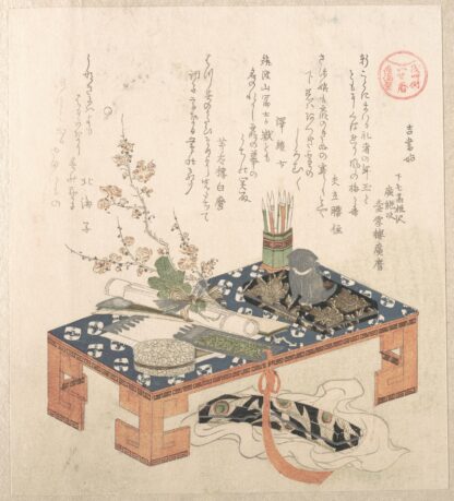 Desk with Writing Set and Plum Flowers by Kubo Shunman