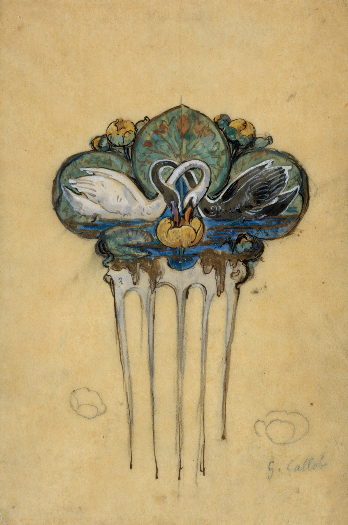 Dessin préparatoire pour un peigne orné de cygnes et de nénuphars by Georges Callot