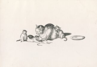 Domestic cat napping with three playful kittens and a saucer on the right by Gottfried Mind