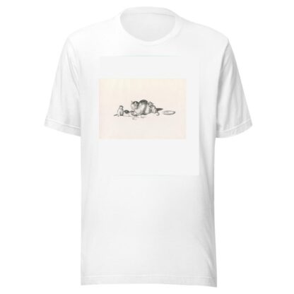 Domestic cat napping with three playful kittens and a saucer on the right by Gottfried Mind T-Shirt