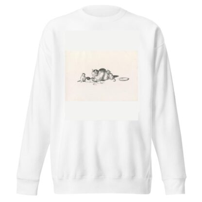 Domestic cat napping with three playful kittens and a saucer on the right by Gottfried Mind Sweatshirt