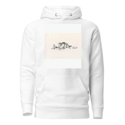 Domestic cat napping with three playful kittens and a saucer on the right by Gottfried Mind Hoodie